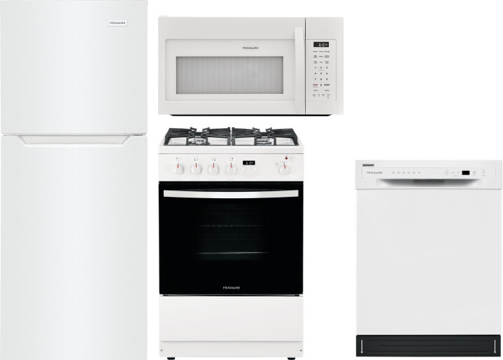Frigidaire 4 Piece Kitchen Appliances Package with Top Freezer Refrigerator, Gas Range, Over the Range Microwave and Dishwasher in White FRRERAMWDW3