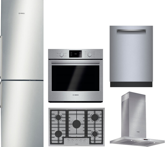 Bosch 500 5 Piece Kitchen Appliances Package with Bottom Freezer Refrigerator and Dishwasher in Stainless Steel BORECTRHDWWO25