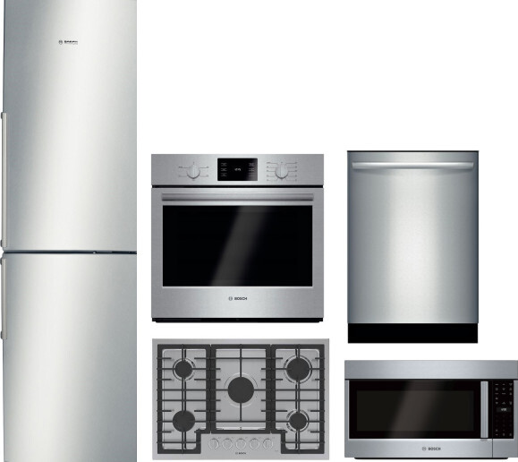 Bosch 500 5 Piece Kitchen Appliances Package with Bottom Freezer Refrigerator, Dishwasher and Over the Range Microwave in Stainless Steel BORECTWODWMW