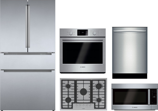 Bosch 800 5 Piece Kitchen Appliances Package with French Door Refrigerator, Dishwasher and Over the Range Microwave in Stainless Steel BORECTWODWMW823