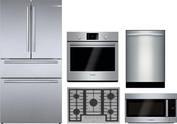 Bosch 800 5 Piece Kitchen Appliances Package with French Door Refrigerator, Dishwasher and Over the Range Microwave in Stainless Steel BORECTWODWMW825