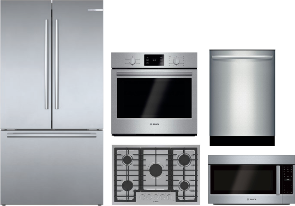 Bosch 800 5 Piece Kitchen Appliances Package with French Door Refrigerator, Dishwasher and Over the Range Microwave in Stainless Steel BORECTWODWMW827