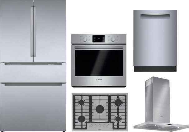 Bosch 5 Piece Kitchen Appliances Package with French Door Refrigerator and Dishwasher in Stainless Steel BOREDWWOCTRH3