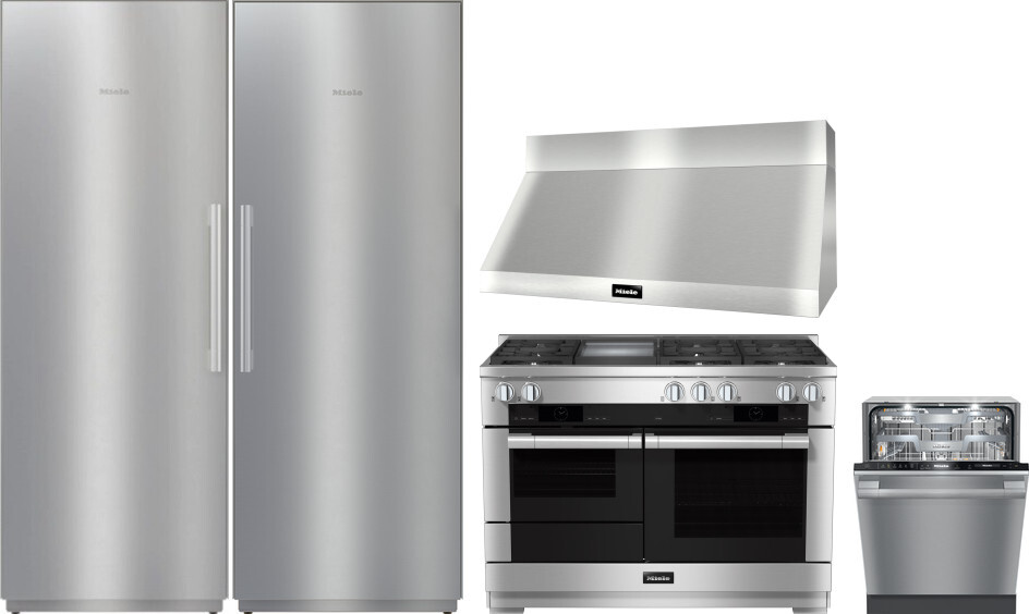 5 Piece Kitchen Appliances Package with Column Refrigerator, Dual Fuel Range and Dishwasher in Stainless Steel - Miele MIREFRRADWRH104