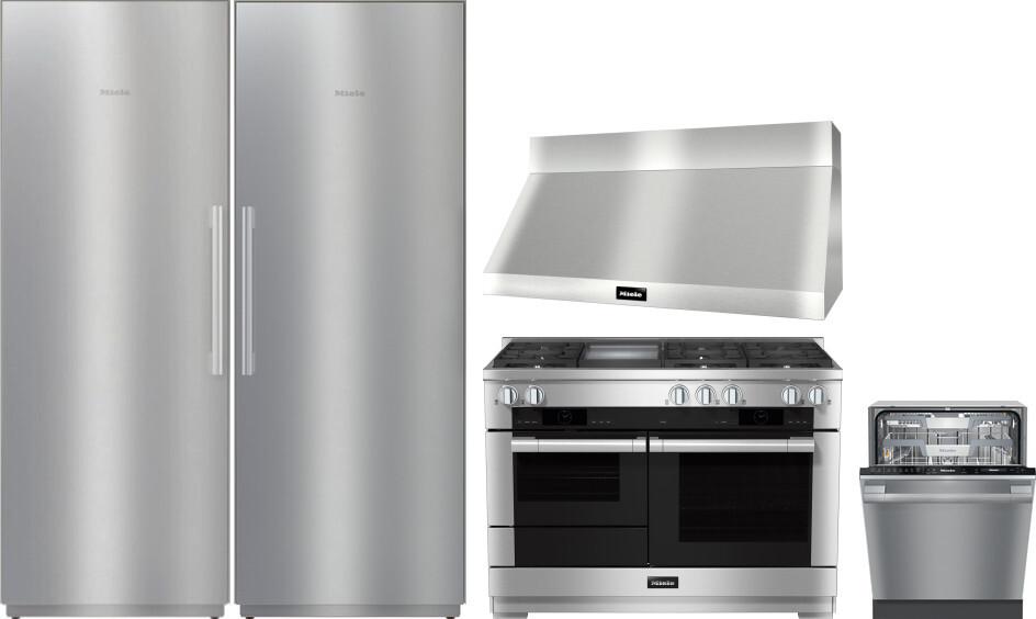 5 Piece Kitchen Appliances Package with Column Refrigerator, Dual Fuel Range and Dishwasher in Stainless Steel - Miele MIREFRRADWRH105