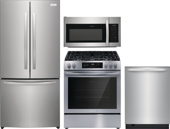 Frigidaire 4 Piece Kitchen Appliances Package with French Door Refrigerator, Gas Range, Dishwasher and Over the Range Microwave in Stainless Steel FRR