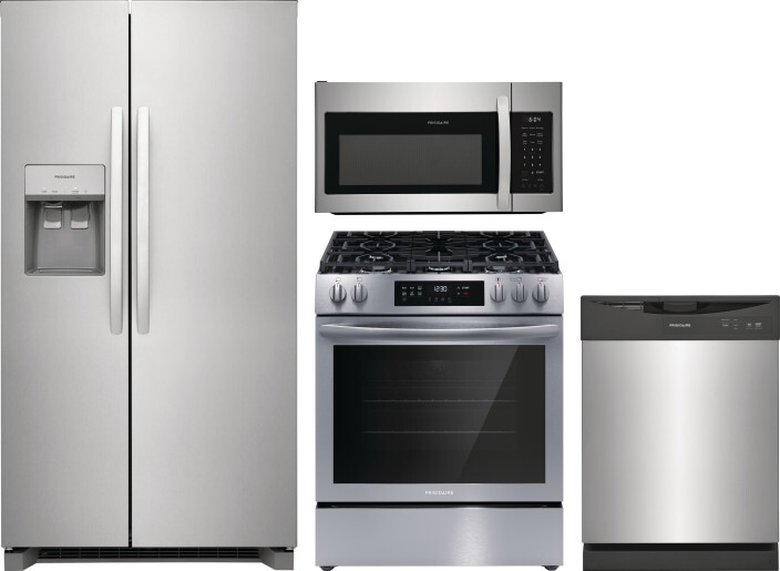 Frigidaire 4 Piece Kitchen Appliances Package with Side-by-Side Refrigerator, Gas Range, Dishwasher and Over the Range Microwave in Stainless Steel FR