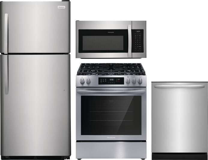 Frigidaire 4 Piece Kitchen Appliances Package with Top Freezer Refrigerator, Gas Range, Dishwasher and Over the Range Microwave in Stainless Steel FRR