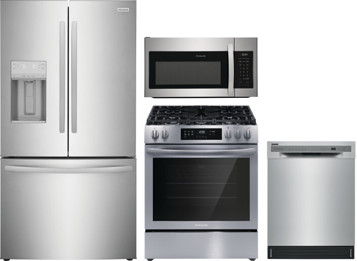 Frigidaire 4 Piece Kitchen Appliances Package with French Door Refrigerator, Gas Range, Dishwasher and Over the Range Microwave in Stainless Steel FRR