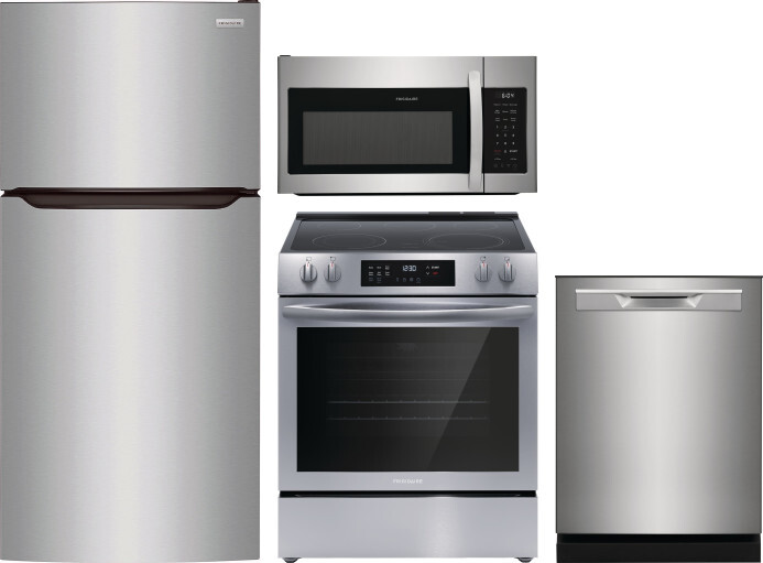Frigidaire 4 Piece Kitchen Appliances Package with Top Freezer Refrigerator, Electric Range, Dishwasher and Over the Range Microwave in Stainless Stee