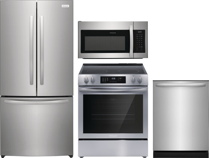 Frigidaire 4 Piece Kitchen Appliances Package with French Door Refrigerator, Electric Range, Dishwasher and Over the Range Microwave in Stainless Stee