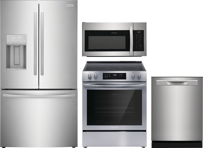Frigidaire 4 Piece Kitchen Appliances Package with French Door Refrigerator, Electric Range, Dishwasher and Over the Range Microwave in Stainless Stee