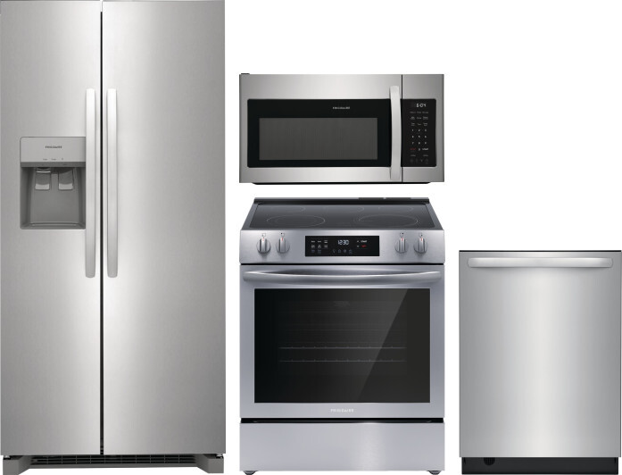 Frigidaire 4 Piece Kitchen Appliances Package with Side-by-Side Refrigerator, Electric Range, Dishwasher and Over the Range Microwave in Stainless Ste