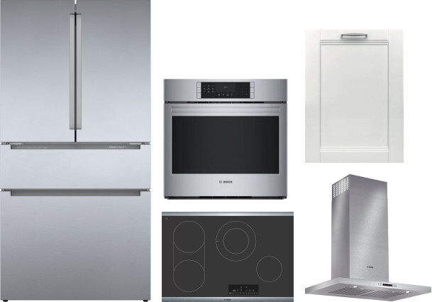 Bosch 5 Piece Kitchen Appliances Package with French Door Refrigerator and Dishwasher in Stainless Steel BOREDWWOCTRH4