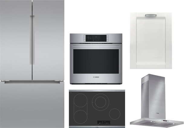 Bosch 5 Piece Kitchen Appliances Package with French Door Refrigerator and Dishwasher in Stainless Steel BOREDWWOCTRH5