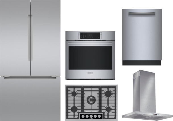 Bosch 5 Piece Kitchen Appliances Package with French Door Refrigerator and Dishwasher in Stainless Steel BOREDWWOCTRH8