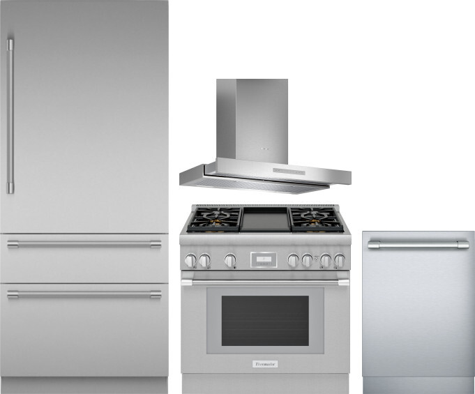Thermador 4 Piece Kitchen Appliances Package with Bottom Freezer Refrigerator, Gas Range and Dishwasher in Stainless Steel THRERADWRH1100