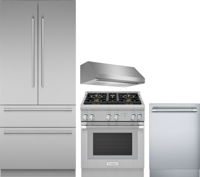 Thermador 4 Piece Kitchen Appliances Package with French Door Refrigerator, Dual Fuel Range and Dishwasher in Stainless Steel THRERADWRH1108