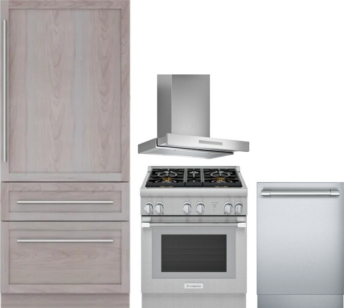 Thermador 4 Piece Kitchen Appliances Package with Bottom Freezer Refrigerator, Gas Range and Dishwasher in Panel Ready THRERADWRH1114