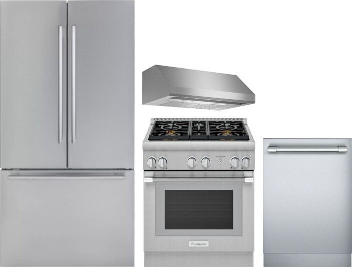 Thermador 4 Piece Kitchen Appliances Package with French Door Refrigerator, Dual Fuel Range and Dishwasher in Stainless Steel THRERADWRH1124