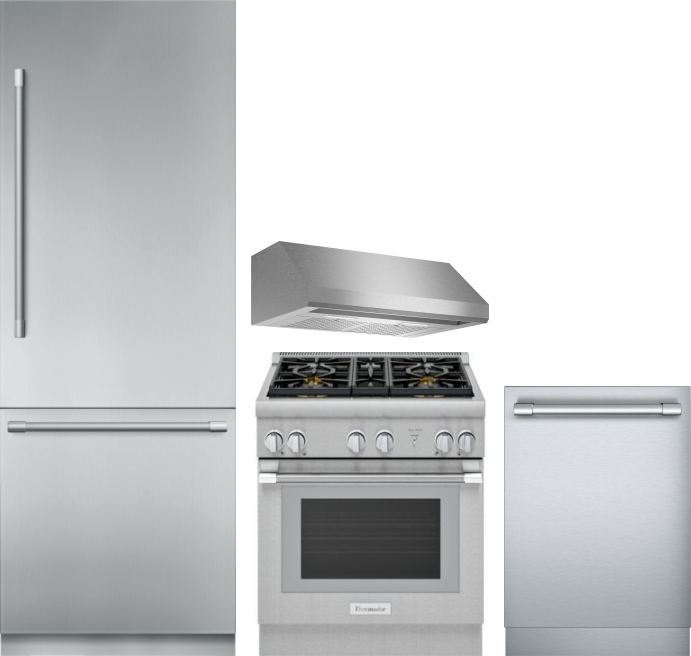 Thermador 4 Piece Kitchen Appliances Package with Bottom Freezer Refrigerator, Gas Range and Dishwasher in Stainless Steel THRERADWRH1125