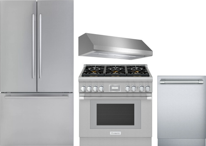 Thermador 4 Piece Kitchen Appliances Package with French Door Refrigerator, Gas Range and Dishwasher in Stainless Steel THRERADWRH1126