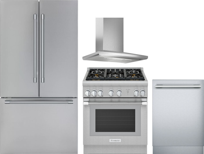 Thermador 4 Piece Kitchen Appliances Package with French Door Refrigerator, Gas Range and Dishwasher in Stainless Steel THRERADWRH1128