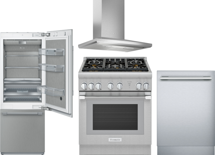 Thermador 4 Piece Kitchen Appliances Package with Bottom Freezer Refrigerator, Gas Range and Dishwasher in Panel Ready THRERADWRH1133
