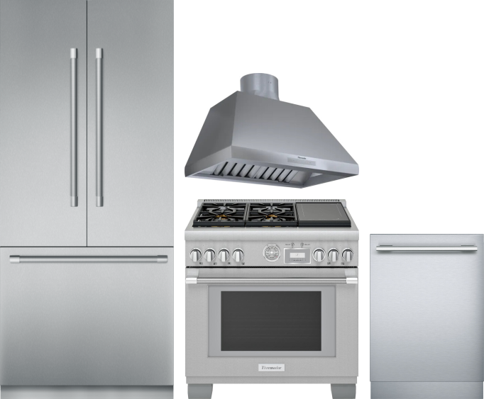 Thermador 4 Piece Kitchen Appliances Package with French Door Refrigerator, Dual Fuel Range and Dishwasher in Stainless Steel THRERADWRH1143