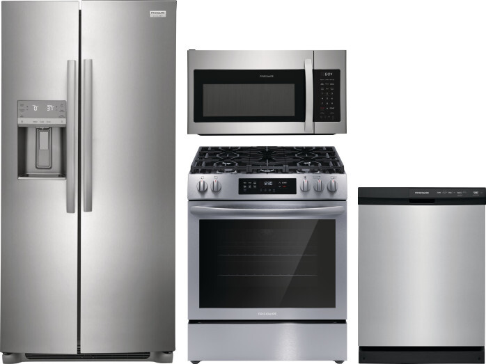 Frigidaire 4 Piece Kitchen Appliances Package with Side-by-Side Refrigerator, Gas Range, Dishwasher and Over the Range Microwave in Stainless Steel FR