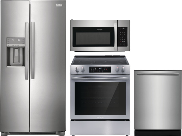 Frigidaire 4 Piece Kitchen Appliances Package with Side-by-Side Refrigerator, Electric Range, Dishwasher and Over the Range Microwave in Stainless Ste