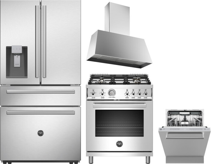 Bertazzoni 4 Piece Kitchen Appliances Package with French Door Refrigerator, Gas Range and Dishwasher in Stainless Steel BERERADWRH988
