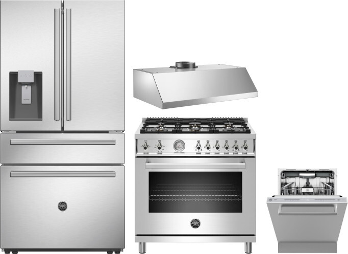 Bertazzoni 4 Piece Kitchen Appliances Package with French Door Refrigerator, Gas Range and Dishwasher in Stainless Steel BERERADWRH992