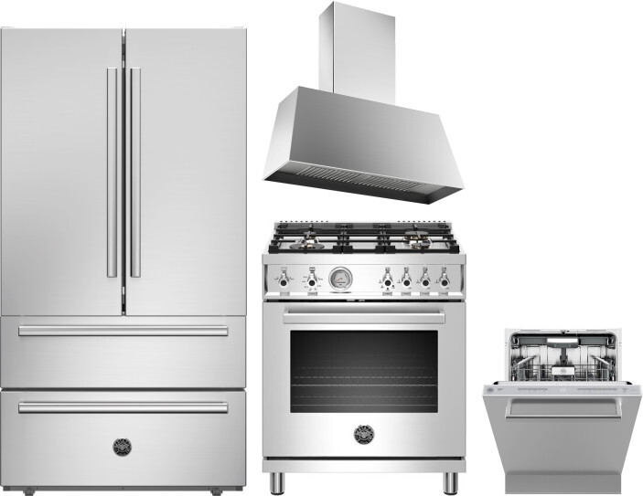 Bertazzoni 4 Piece Kitchen Appliances Package with French Door Refrigerator, Gas Range and Dishwasher in Stainless Steel BERERADWRH998