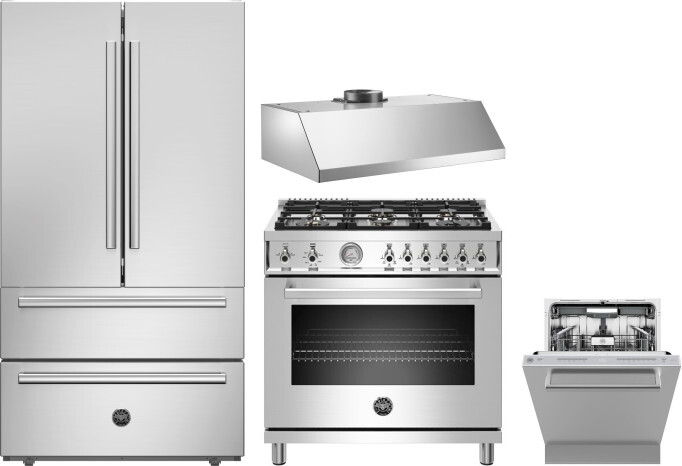 Bertazzoni 4 Piece Kitchen Appliances Package with French Door Refrigerator, Gas Range and Dishwasher in Stainless Steel BERERADWRH1003
