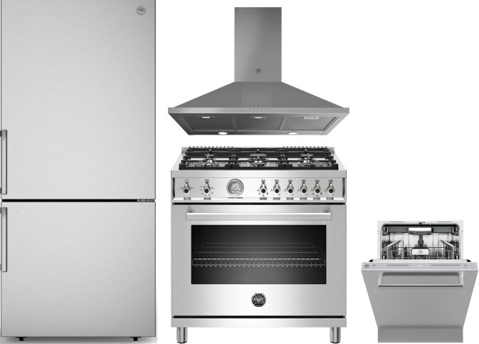 Bertazzoni 4 Piece Kitchen Appliances Package with Bottom Freezer Refrigerator, Gas Range and Dishwasher in Stainless Steel BERERADWRH1020