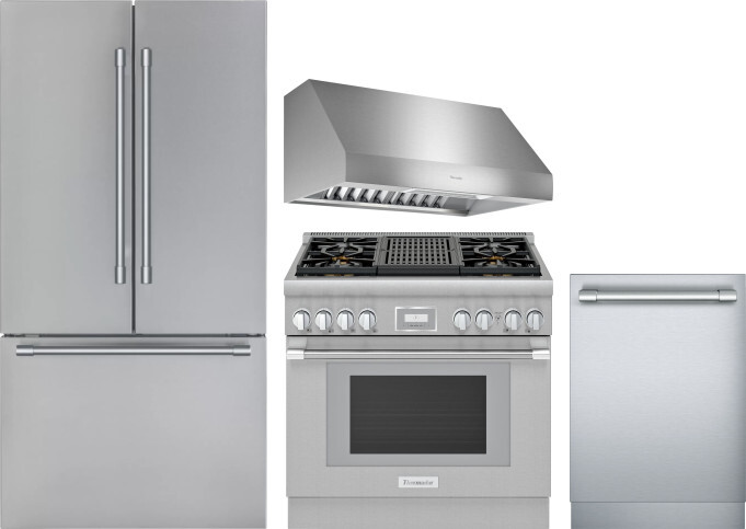 Thermador 4 Piece Kitchen Appliances Package with French Door Refrigerator, Gas Range and Dishwasher in Stainless Steel THRERADWRH1158