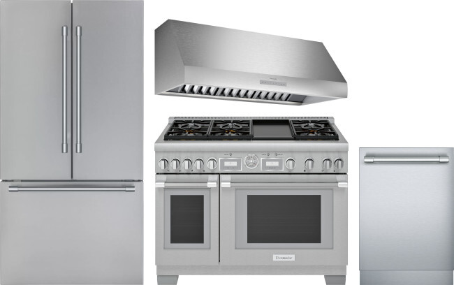 Thermador 4 Piece Kitchen Appliances Package with French Door Refrigerator, Gas Range and Dishwasher in Stainless Steel THRERADWRH1164