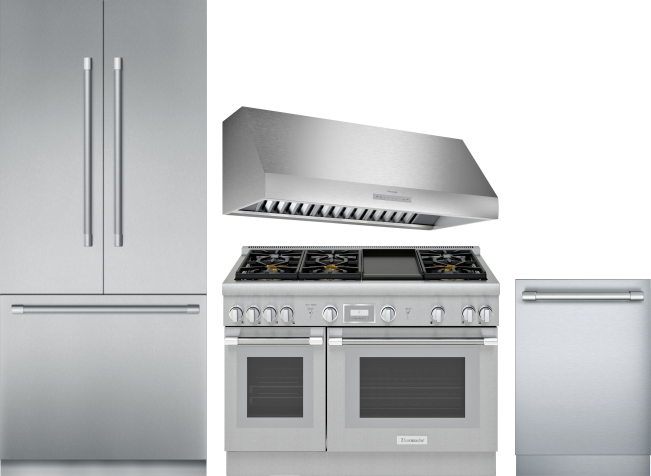 Thermador 4 Piece Kitchen Appliances Package with French Door Refrigerator, Gas Range and Dishwasher in Stainless Steel THRERADWRH1165
