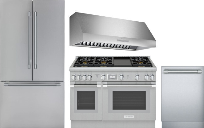 Thermador 4 Piece Kitchen Appliances Package with French Door Refrigerator, Dual Fuel Range and Dishwasher in Stainless Steel THRERADWRH1166