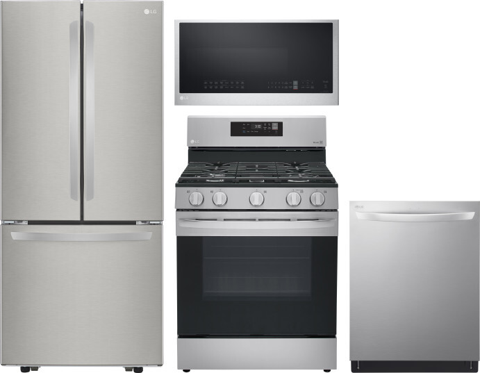 LG 4 Piece Kitchen Appliances Package with French Door Refrigerator, Gas Range, Dishwasher and Over the Range Microwave in Stainless Steel LGRERADWMW2