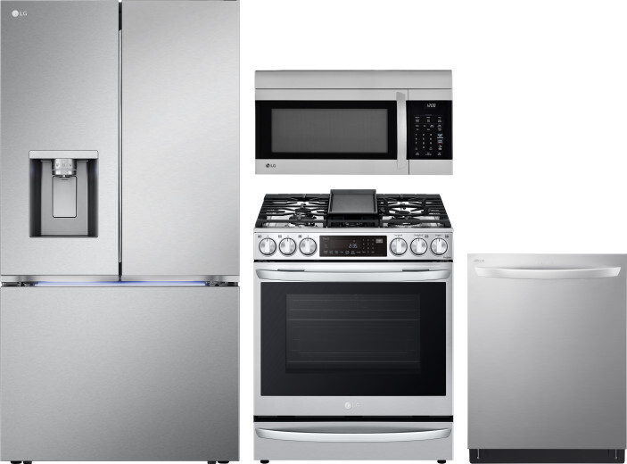 LG 4 Piece Kitchen Appliances Package with French Door Refrigerator, Gas Range, Dishwasher and Over the Range Microwave in Stainless Steel LGRERADWMW2