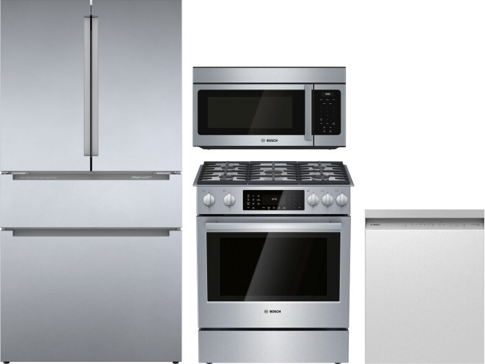 Bosch 4 Piece Kitchen Appliances Package with French Door Refrigerator, Dual Fuel Range, Dishwasher and Over the Range Microwave in Stainless Steel BO