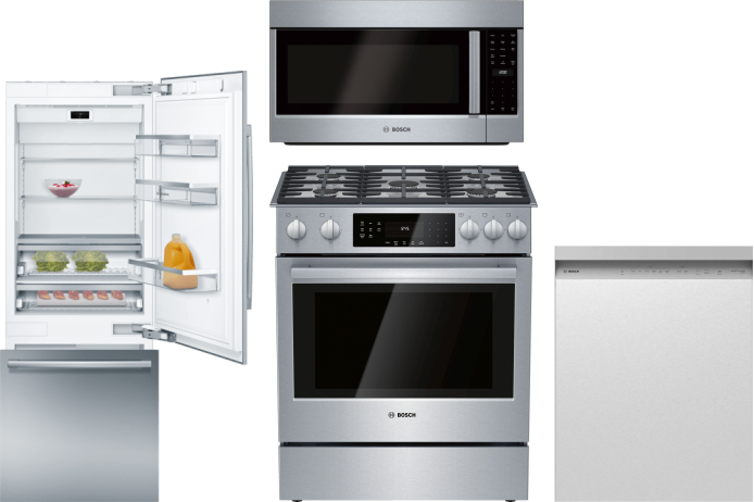 Bosch 4 Piece Kitchen Appliances Package with Bottom Freezer Refrigerator, Gas Range, Dishwasher and Over the Range Microwave in Stainless Steel BORER