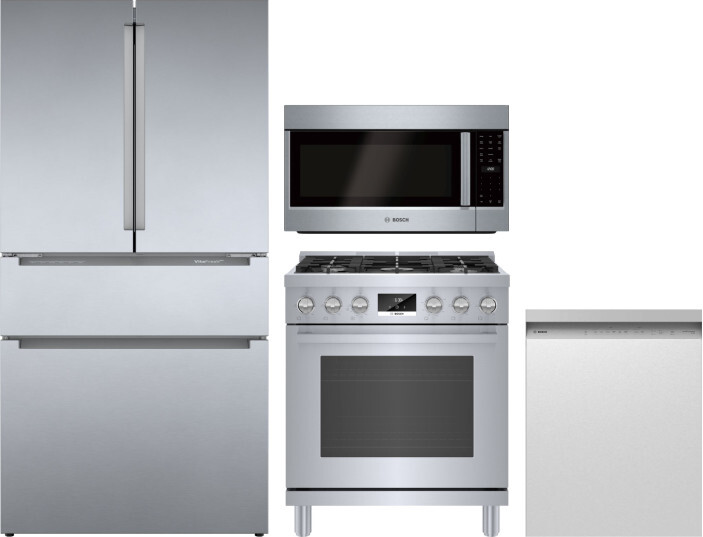 Bosch 4 Piece Kitchen Appliances Package with French Door Refrigerator, Gas Range, Dishwasher and Over the Range Microwave in Stainless Steel BORERADW