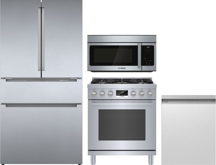 Bosch 4 Piece Kitchen Appliances Package with French Door Refrigerator, Gas Range, Dishwasher and Over the Range Microwave in Stainless Steel BORERADW