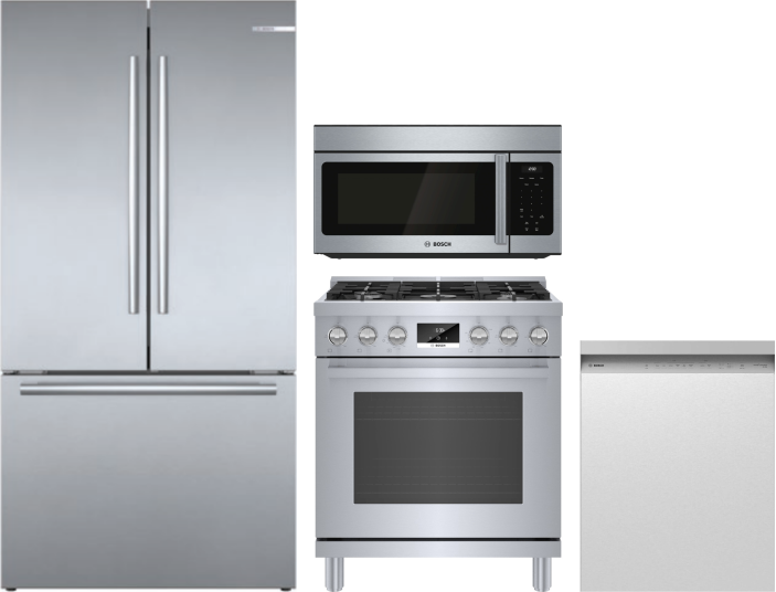 Bosch 4 Piece Kitchen Appliances Package with French Door Refrigerator, Gas Range, Over the Range Microwave and Dishwasher in Stainless Steel BORERAMW