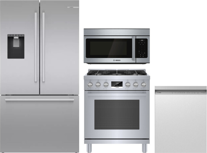 Bosch 4 Piece Kitchen Appliances Package with French Door Refrigerator, Gas Range, Over the Range Microwave and Dishwasher in Stainless Steel BORERAMW