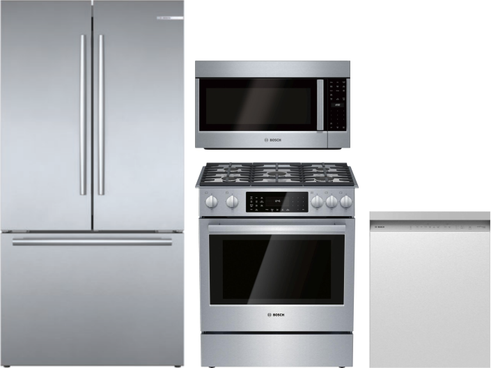 Bosch 4 Piece Kitchen Appliances Package with French Door Refrigerator, Dual Fuel Range, Over the Range Microwave and Dishwasher in Stainless Steel BO