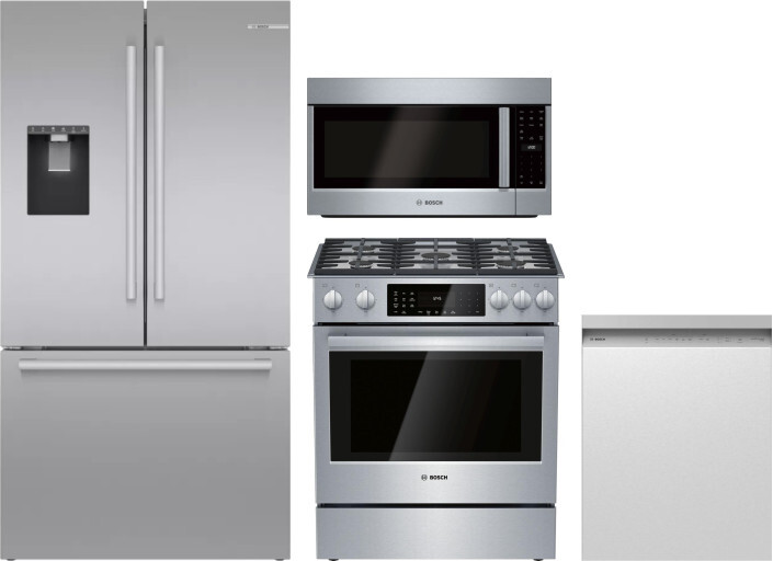 Bosch 4 Piece Kitchen Appliances Package with French Door Refrigerator, Dual Fuel Range, Over the Range Microwave and Dishwasher in Stainless Steel BO